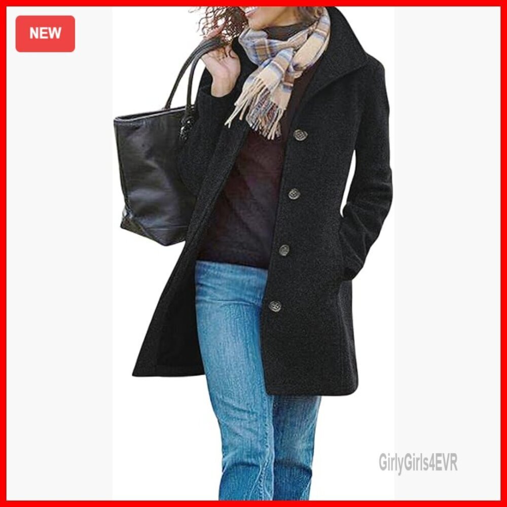 Wool Blend Pea Coat Stand Collar Single Breasted Casual Winter Coat